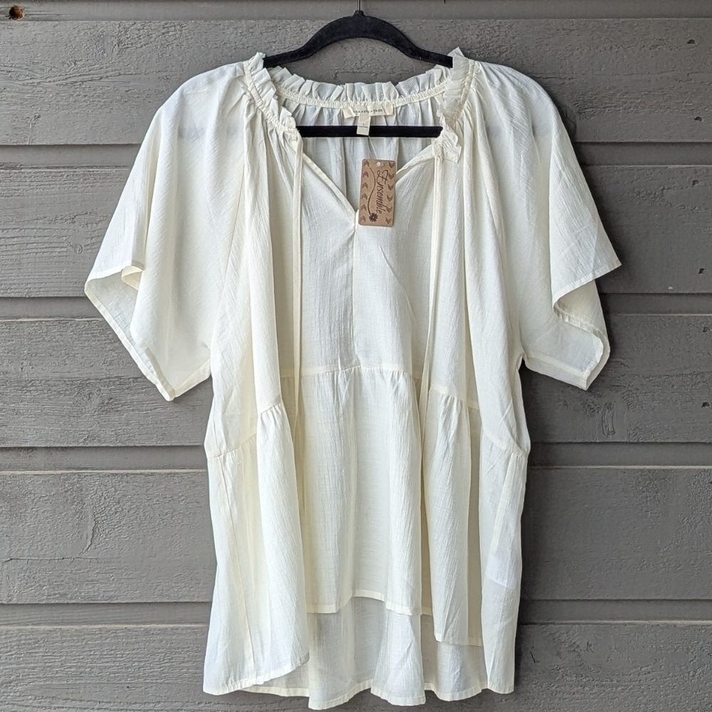 NWT Grade & Gather Ivory Tie Neck Short Sleeve Blouse Large Lightweight Flowy - Picture 1 of 8